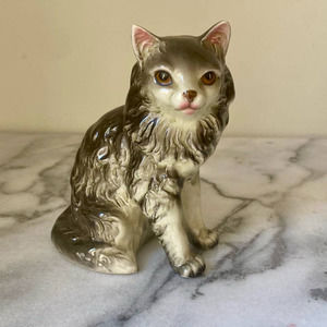 Vintage Fluffy Grey Kitty Cat Porcelain Figurine Statue Amber Eyes Grannycore